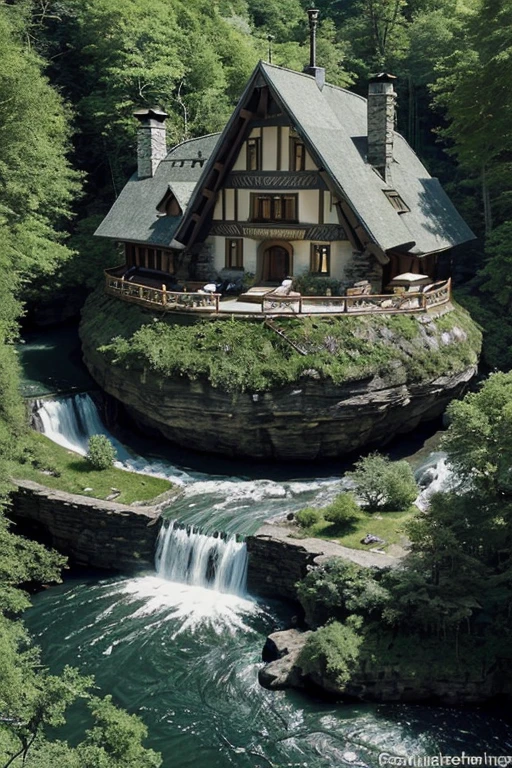 arafed house on a cliff overlooking a river with a waterfall, lake house, beatiful house, fantasy setting, beautiful place, build in a forest near of a lake, beautiful and mysterious, fantasy house, cozy place, setting in nature, fairy tale place, located in a castle, cottagecore!!, very close to real nature, idyllic cottage