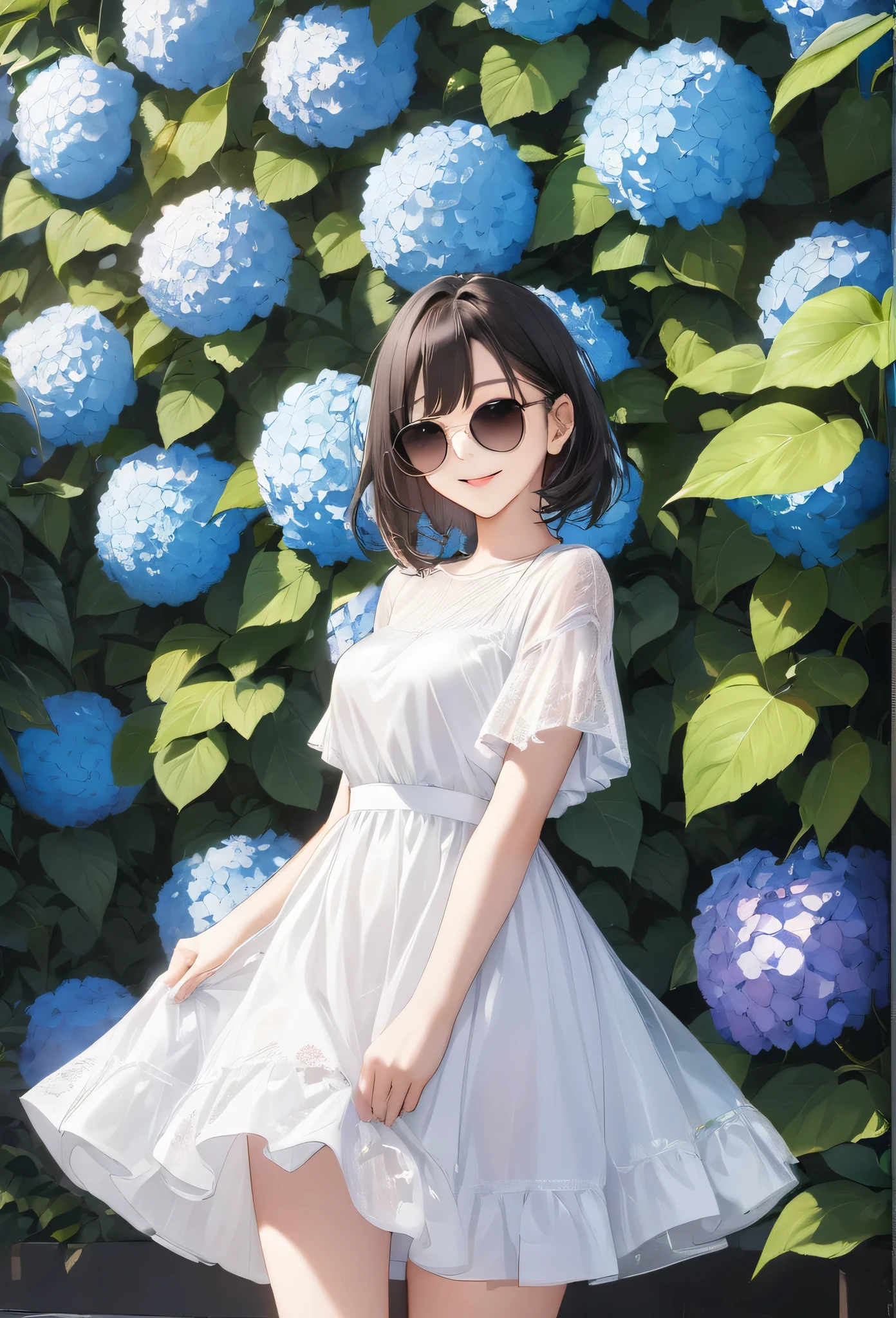 very cute and beautiful anime girl, 20 years old, Standing in front of a the hydrangea wall, (from front:1.5), street fassion, smile, wearing sunglasses, cowboy shot,sunlight,  masterpiece,best quarity,ultra detailed, ultra high resolusion, 8k, high detailed face, 