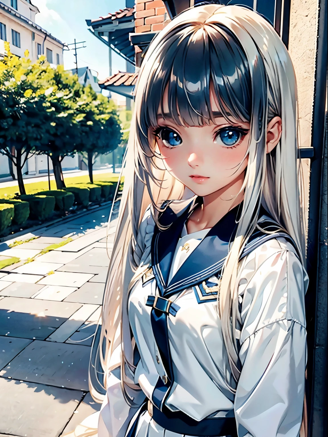 plein air、Swaying bangs、student clothes、a miniskirt、Glossy white beautiful skin、Sexy and very beautiful good looks、Beautiful and cute face、Super long platinum blonde hair、Shiny straight hair and treated smooth hair、Big blue eyes with radiant transparency、Beautiful 16 year old ultimate cute beautiful girl、Uniforms