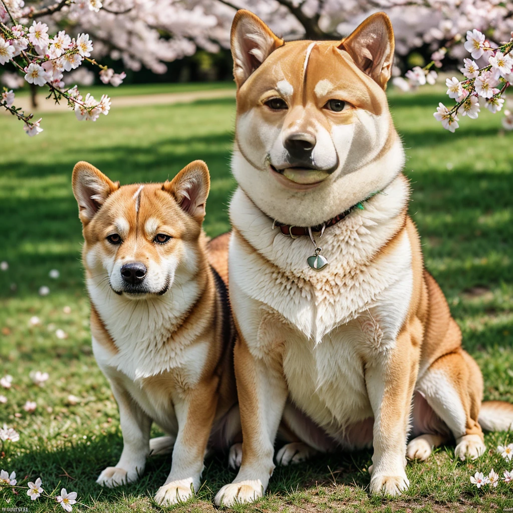 (best quality,4k,8k,highres,masterpiece:1.2),ultra-detailed,(realistic,photorealistic,photo-realistic:1.37),cute adorable dog,Shiba Inu with expressive eyes and bushy tail,happy,playful,alert expression,beautiful scenery with cherry blossoms,green grass and clear blue sky,soft and fluffy fur,light brown and white fur,clever and loyal companion,medium:oil painting,artistic brushstrokes,realistic textures of fur and flowers,vivid colors,painterly style,subtle lighting and shadows,bokeh