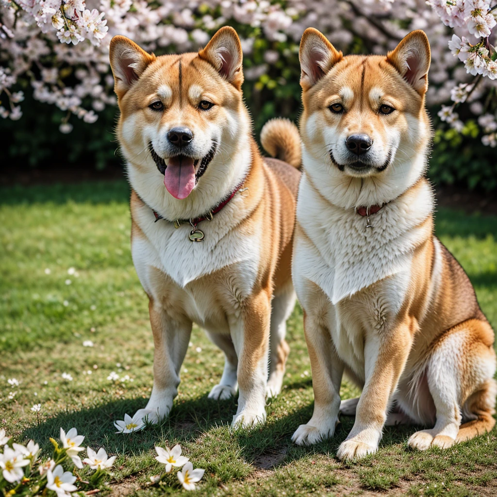 (best quality,4k,8k,highres,masterpiece:1.2),ultra-detailed,(realistic,photorealistic,photo-realistic:1.37),cute adorable dog,Shiba Inu with expressive eyes and bushy tail,happy,playful,alert expression,beautiful scenery with cherry blossoms,green grass and clear blue sky,soft and fluffy fur,light brown and white fur,clever and loyal companion,medium:oil painting,artistic brushstrokes,realistic textures of fur and flowers,vivid colors,painterly style,subtle lighting and shadows,bokeh