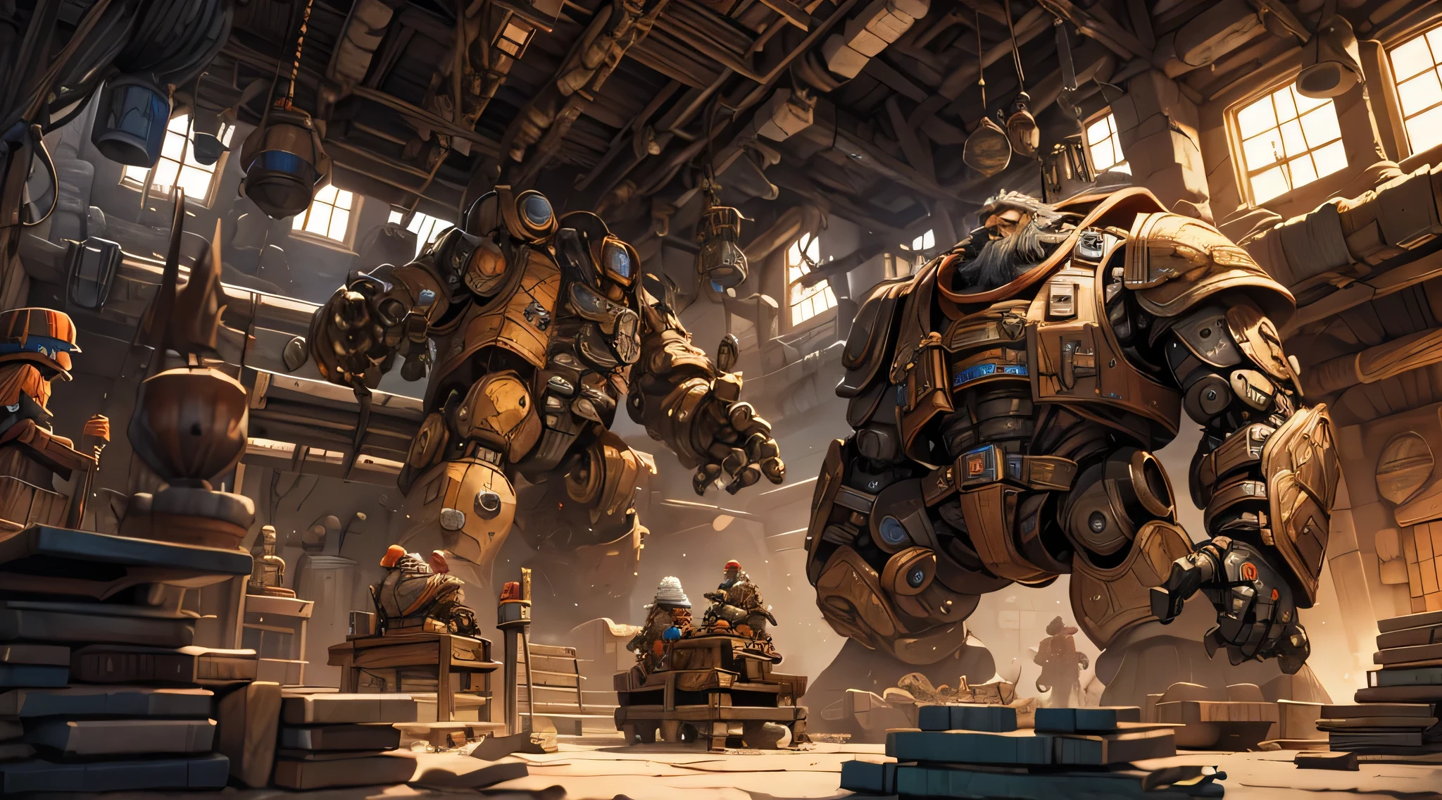 depicts dwarves working in an underground workshop making golem robots, fantasy theme