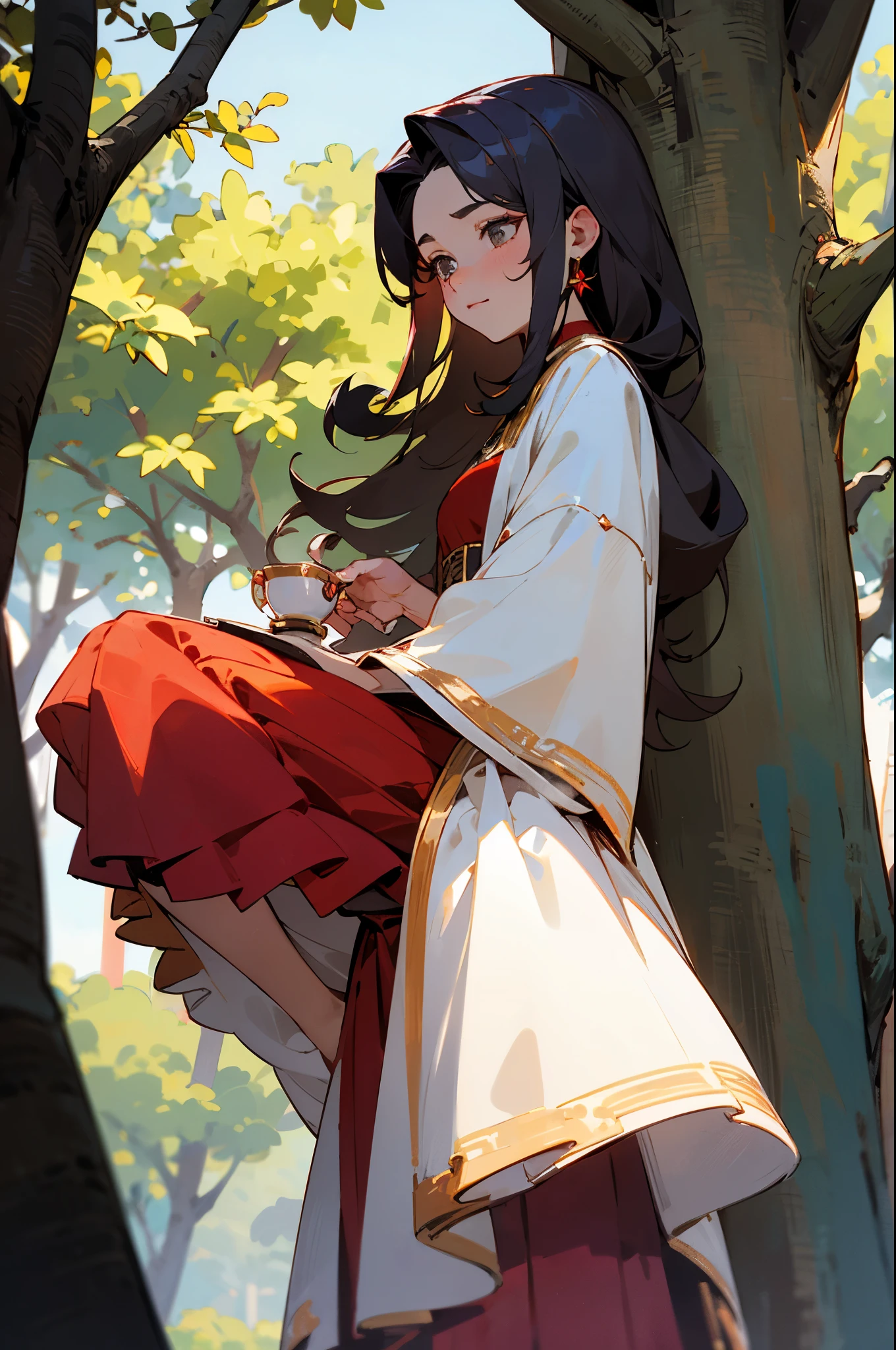 una bruja con una gran melena roja que cubre su espalda y parte de su rostro , She wears a long wine-colored dress while having tea under a tree