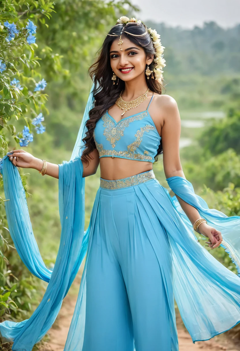 A beautiful Indian girl with sky-blue suit ,awesome hair style, flower on their hand , slim body, details eyes, details juicy lips, nature background, happy smile face, evening time weather, capture full body of girl.
