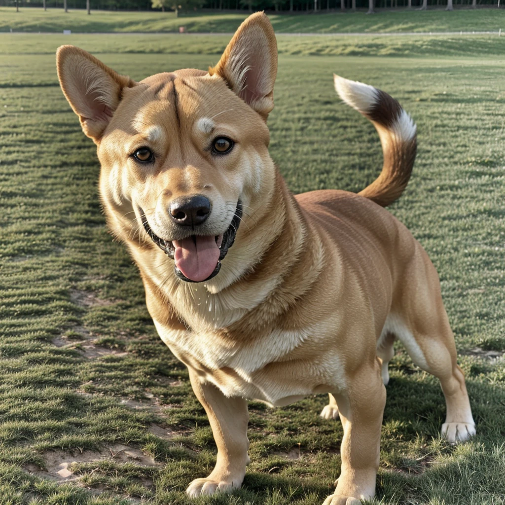 best quality,4k,highres,masterpiece:1.2,ultra-detailed,realistic,portrait,shiba inu,brown fur,floppy ears,curious eyes,tongue out,wet nose,natural lighting,green grass,relaxed expression,friendly demeanor,bokeh,soft colors,sunset glow,small size,fluffy tail,loyal companion,domestic dog,pet,domesticated animal.