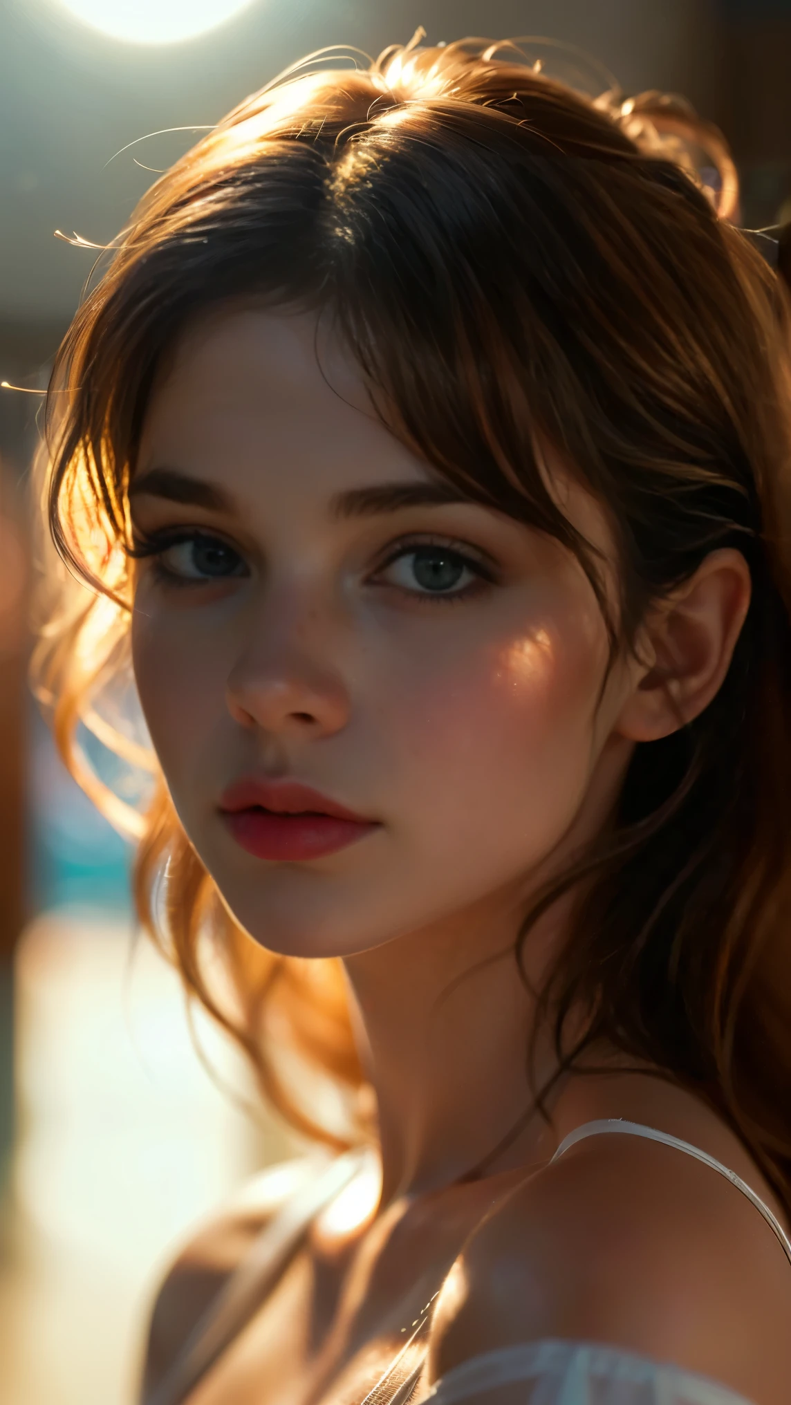 (((ultra realistic))) Photo, masterpiece, top quality, (pale skin), (Ultra detailed face and eyes:1.3), 1 girl, Adult, in a T-shirt, (Eye makeup, mascara) , ((large detailed lips)), ((ash wavy hair)), ((Chyolka)) , (Natural breasts), Slim waist. ((Posing)), photoshoot, studio (soft lighting), (The play of light and shadows), depth of field, bokeh, (special attention to skin detail: 1.2), Detailed leather texture, skin pores. (Airy atmosphere of the frame. Color range - delicate, Bright, white, Pink tones), UDR, ((Film grain)), ((rays)), ((glare of the sun)), ((waist up portrait, close to the camera)) , ultra detialed,