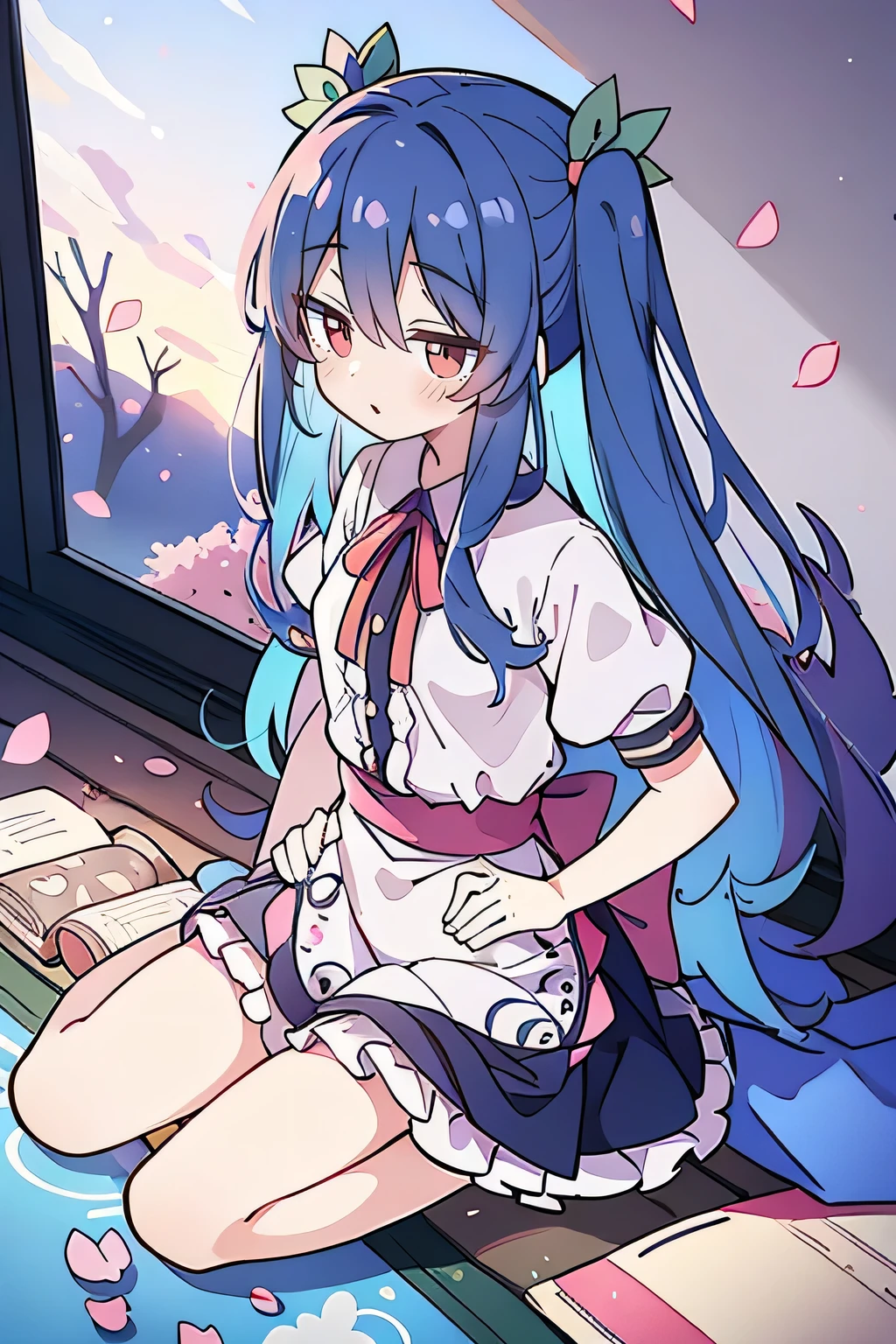 (best quality, masterpiece:1.2), expressive eyes, perfect face, 1 girl, hands on waist, beautiful, gorgeous, Japanese animation, Lola, Hinamori Angel, blue hair, floating clothes, waist grab, waist grab, hands on hips, sitting, sitting on the ground, legs on the ground, flat-chested, falling petals, sitting in a pavilion, pavilion,sunrise,Petals fall,