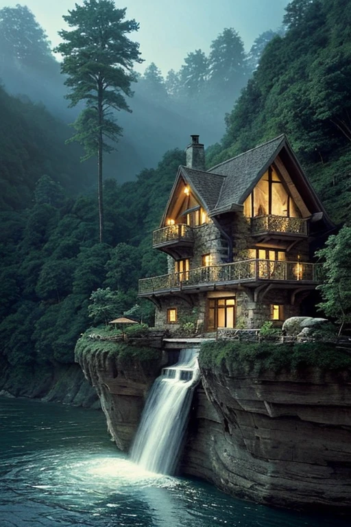 arafed house on a cliff overlooking a river with a waterfall, lake house, beatiful house, fantasy setting, beautiful place, build in a forest near of a lake, beautiful and mysterious, fantasy house, cozy place, setting in nature, fairy tale place, located in a castle, cottagecore!!, very close to real nature, idyllic cottage