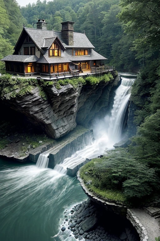 arafed house on a cliff overlooking a river with a waterfall, lake house, beatiful house, fantasy setting, beautiful place, build in a forest near of a lake, beautiful and mysterious, fantasy house, cozy place, setting in nature, fairy tale place, located in a castle, cottagecore!!, very close to real nature, idyllic cottage