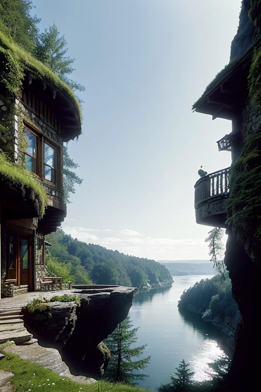 arafed house on a cliff overlooking a river with a waterfall, lake house, beatiful house, fantasy setting, beautiful place, build in a forest near of a lake, beautiful and mysterious, fantasy house, cozy place, setting in nature, fairy tale place, located in a castle, cottagecore!!, very close to real nature, idyllic cottage