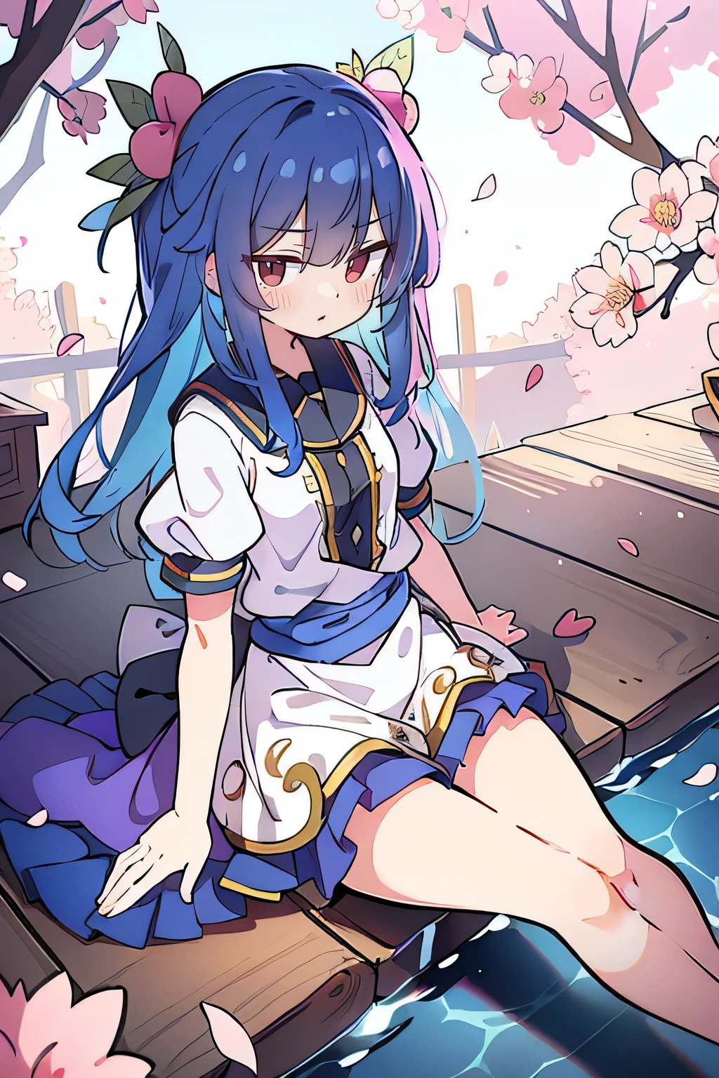 (best quality, masterpiece:1.2), expressive eyes, perfect face, 1 girl, hands on waist, beautiful, gorgeous, Japanese animation, Lola, Hinamori Angel, blue hair, floating clothes, waist grab, waist grab, hands on hips, sitting, sitting on the ground, legs on the ground, flat-chested, falling petals, sitting in a pavilion, pavilion,sunrise,Petals fall,