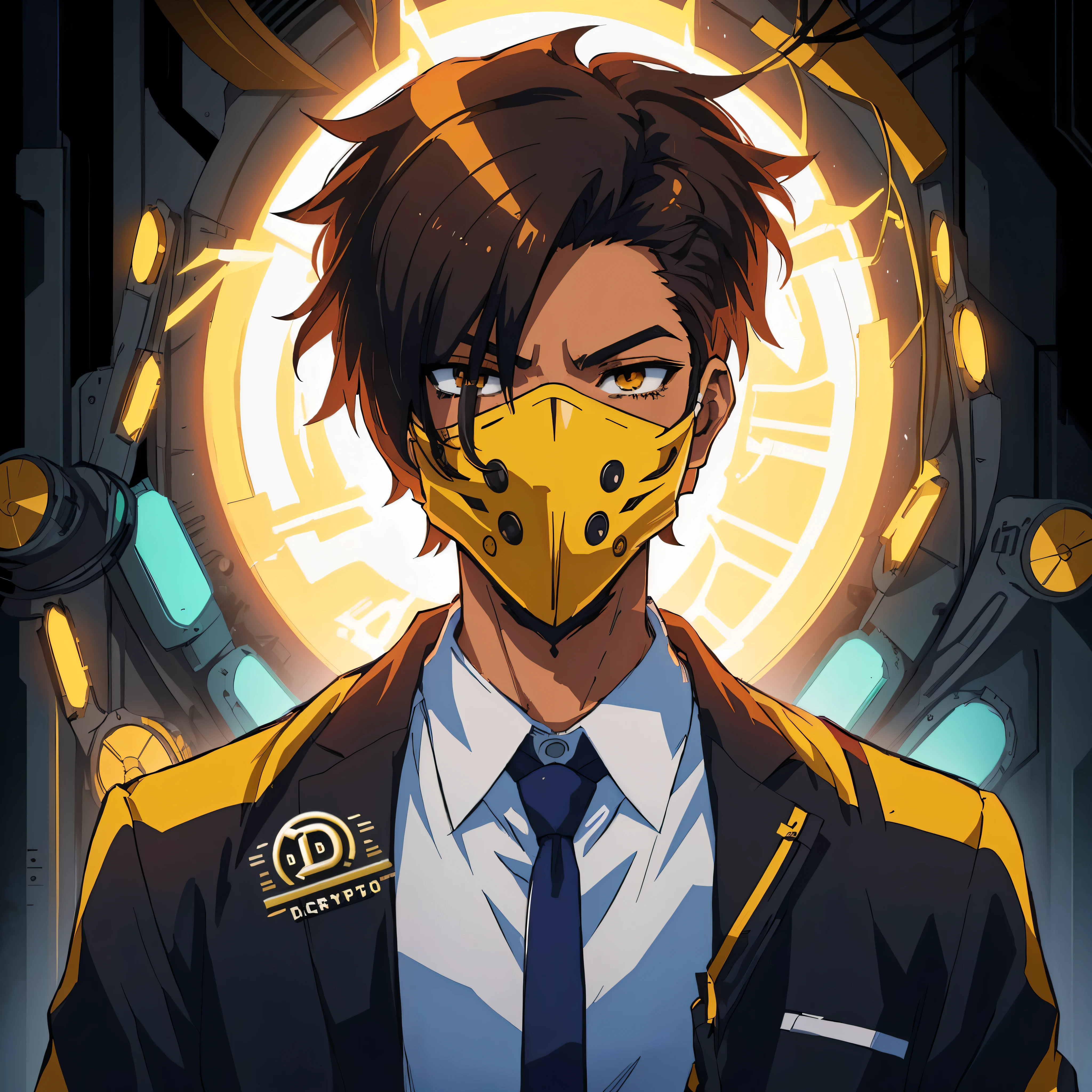 anime character with yellow mask and tie in front of a clock, badass anime 8 k, digital cyberpunk anime art, modern cyberpunk anime, makoto shinkai ( apex legends ), epic anime style, anime style 4 k, best anime 4k konachan wallpaper, digital cyberpunk - anime art, anime style character, high quality anime artstyle, digital cyberpunk anime!!