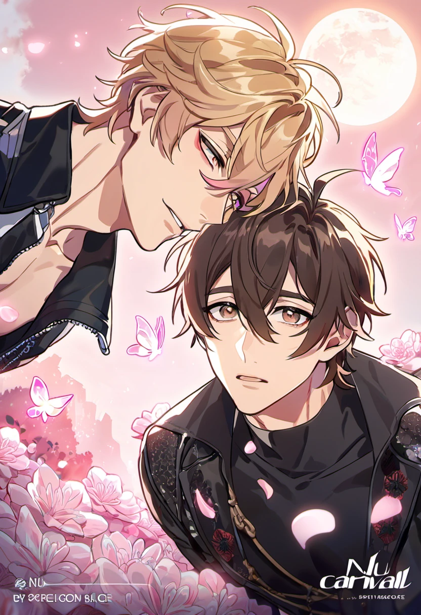 absurdres, highres, ultra detailed, HDR, master piece, best quality, perfect face, beautiful eyes, delicate features, Quincy, blond messy short hair, hair between the eyes, expressive amber eyes, Nu Carnival, Eiden, dark brown short hair, hair between the eyes, expressive brown eyes, two men together, gay couple, handsome, fantasy black leather clothes, black clothes, patterns, pink ice butterflies, pink ice flowers, pink ice petals, pink moon, sky