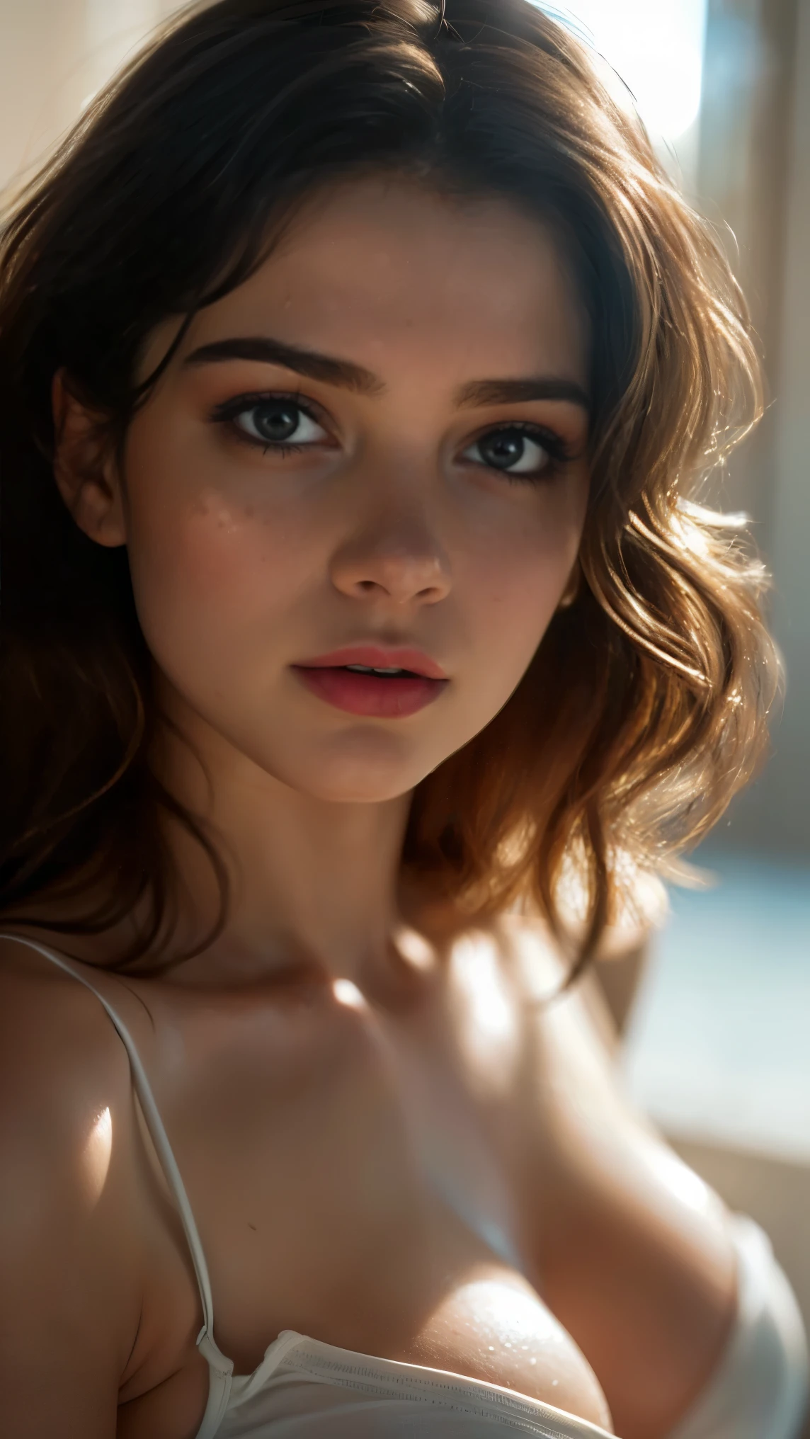 (((ultra realistic))) Photo, masterpiece, top quality, (pale skin), (Ultra detailed face and eyes:1.3), 1 girl, Adult, in a T-shirt, (Eye makeup, mascara) , ((large detailed lips)), ((ash wavy hair)), ((Chyolka)) , (Natural breasts), Slim waist. ((Posing)), photoshoot, studio (soft lighting), (The play of light and shadows), depth of field, bokeh, (special attention to skin detail: 1.2), Detailed leather texture, skin pores. (Airy atmosphere of the frame. Color range - delicate, Bright, white, Pink tones), UDR, ((Film grain)), ((rays)), ((glare of the sun)), ((waist up portrait, close to the camera)) , ultra detialed,