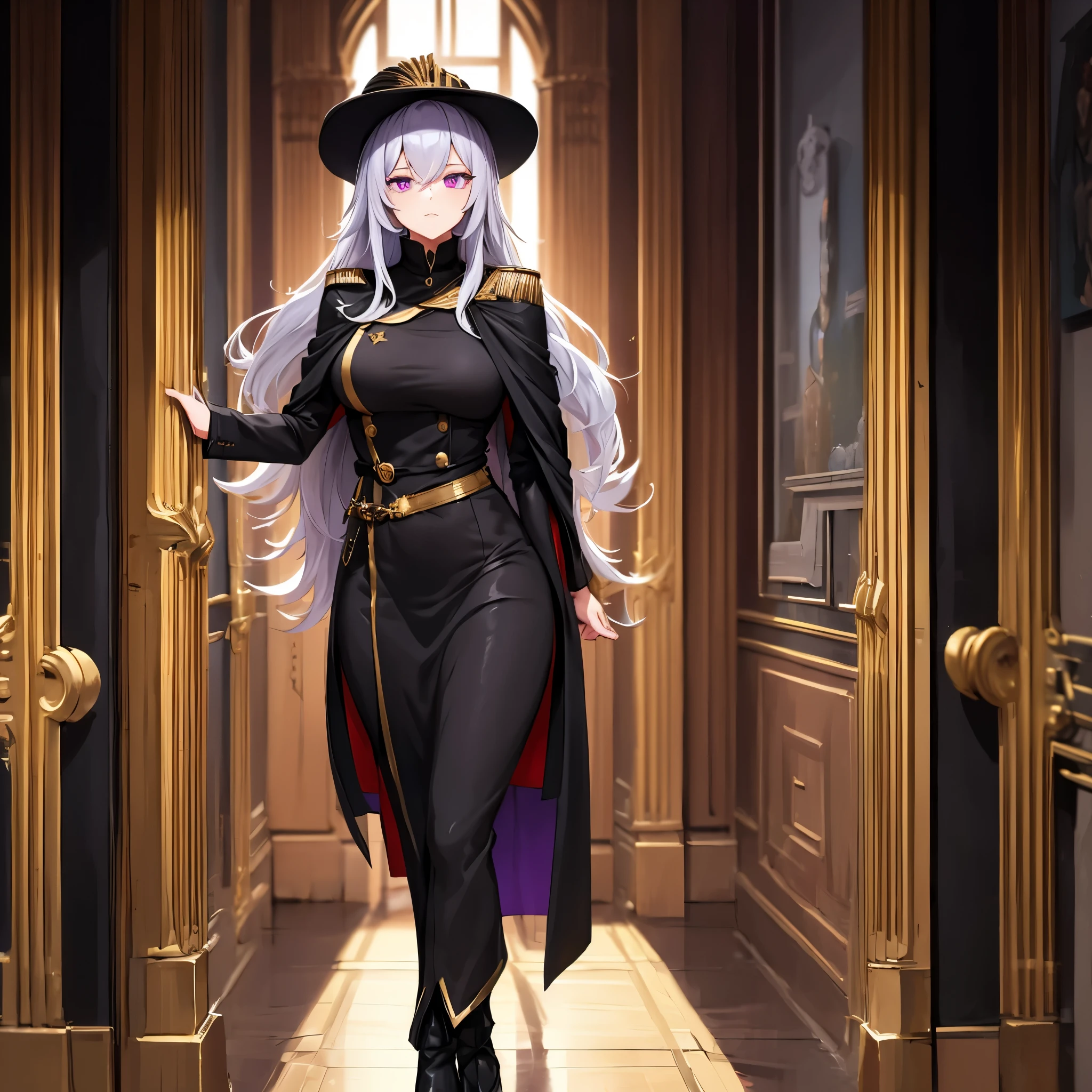 a woman wearing a black military dress with gold details, golden shoulder pads, long black cape, long gray hair, black military hat with gold details, purple eyes, walking in a luxurious room with white walls, golden pillars, medieval paintings.k, HDR , ultra resolution, sharp, masterpiece, 8K HD (solo woaman)
