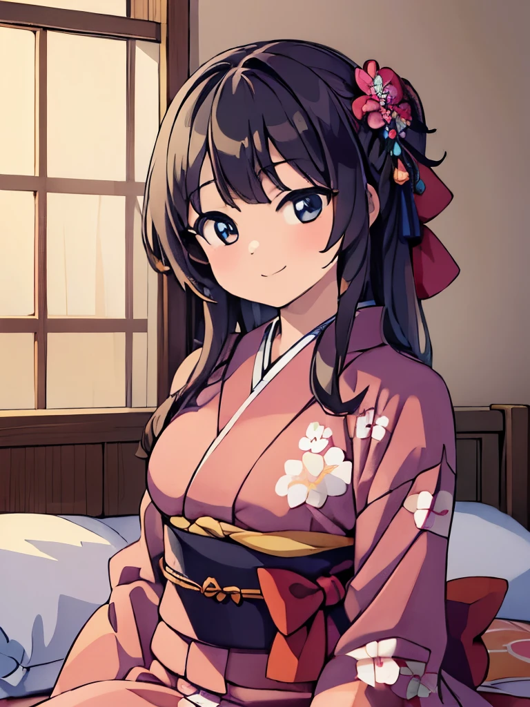 ((masterpiece)), ((best quality)), (ultra-detailed), anime style, on the bed, a cute girl, 1girl, solo, kimono, japanese cloth, ((beautiful eyes)), smile, beautiful black hair