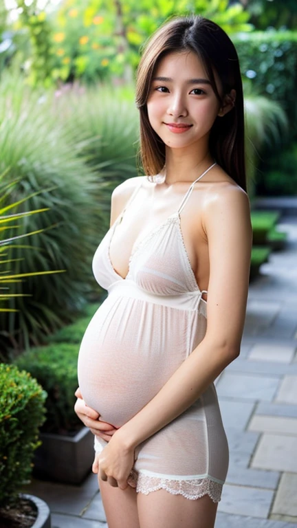 highest quality)), ((masterpiece)), (detailed), Perfect Face, young, 17 years old, beautiful, Japanese, woman, one person, No bra, No underwear, Very large breasts, white lace maternity dress, noticeable nipple shape,, I can see my belly button, Plunging Neck, Backless, Halter Strap Neck, Are standing, barefoot, smile, Put one hand behind your head, garden, 4K, Photo style, looking at the camera