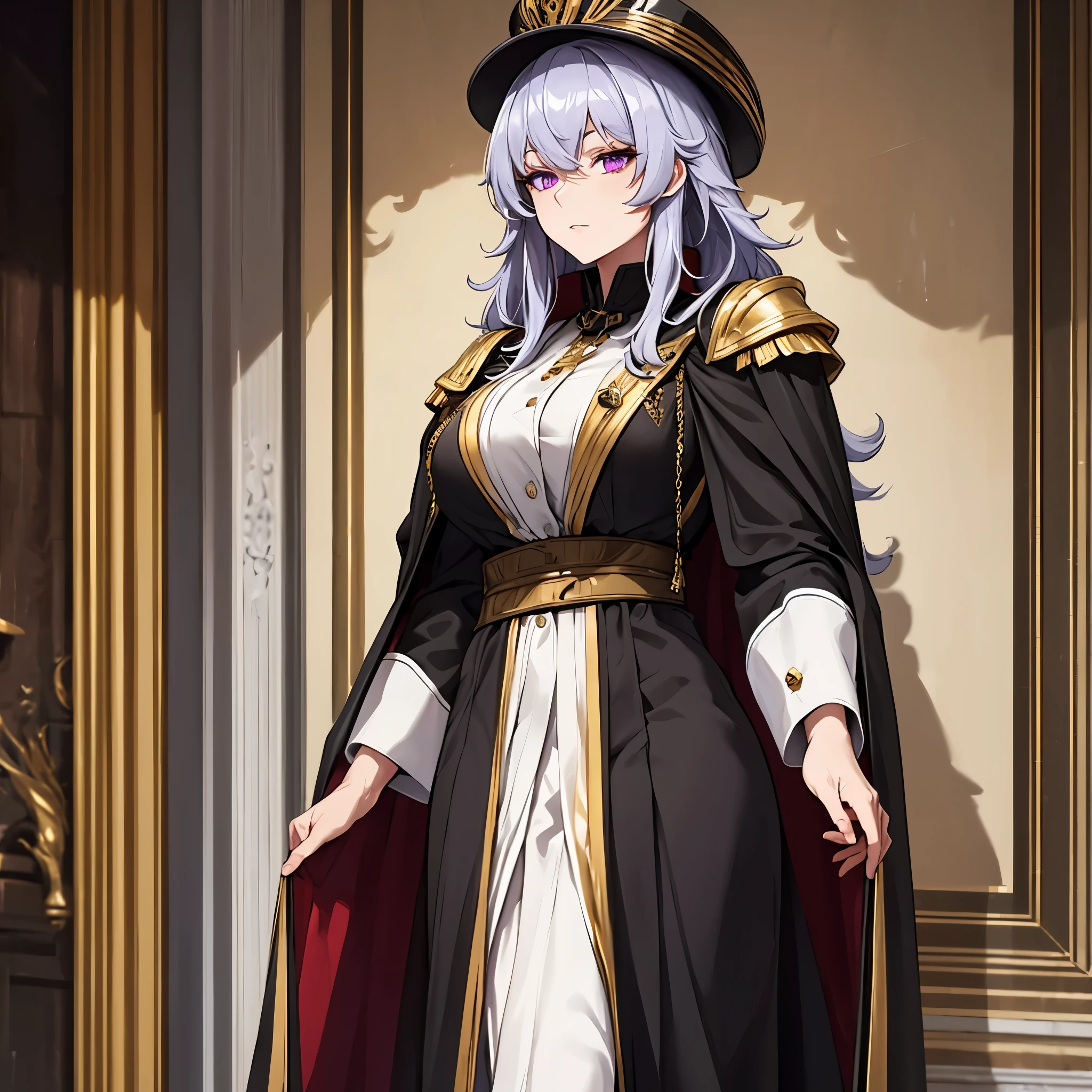 a woman wearing a black military dress with gold details, golden shoulder pads, long black cape, long gray hair, black military hat with gold details, purple eyes, walking in a luxurious room with white walls, golden pillars, medieval paintings.k, HDR , ultra resolution, sharp, masterpiece, 8K HD (solo woaman)
