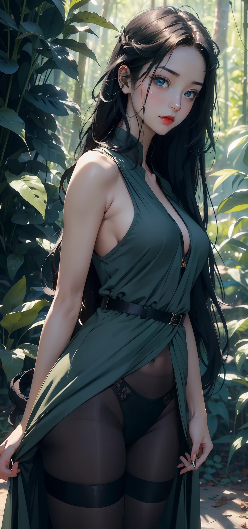 1 female,Little (background:In the woods,Rainforest,In the summer,gale) She has long black hair,Extra long hair,Long hair flying,Straight Hair,Red lips,stand up,Front view, OK, Gloomy sky,(((masterpiece),(Highly detailed CG Unity 8k wallpaper),最OK质量,Light,详细background,Beautiful blue eyes,(Very delicate and beautiful),(Beautiful and detailed description of the eyes),Ultra Detailed,masterpiece,)),Facing the camera,high resolution,Ultra Detailed),Exposing breasts,Exposing genitals, Convex,Camel toe,Sexy bulge,us airforce(wear:Green flight suit,Black pantyhose)