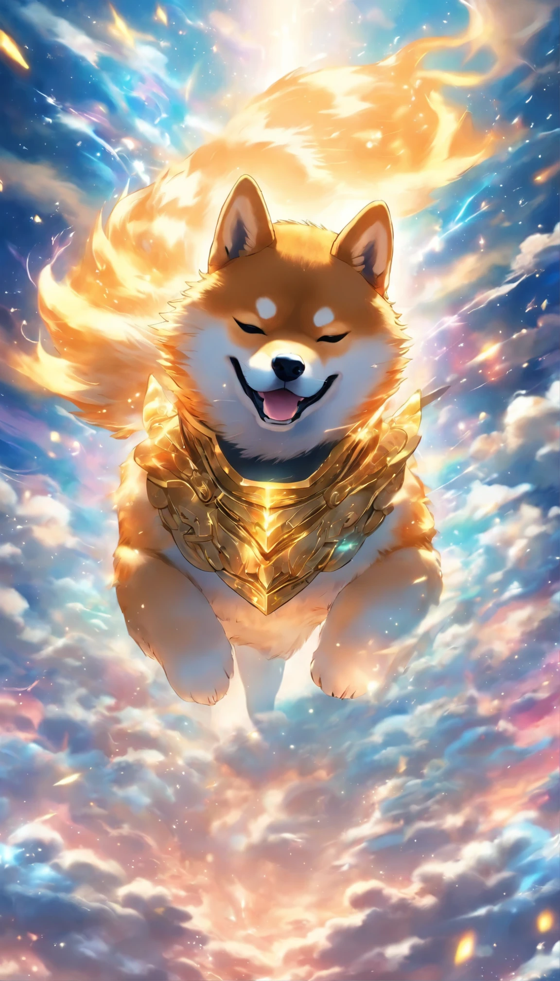 A majestic Shiba Inu with a golden armor, wielding divine weapons, exuding bravery and strength. The scene is set in a mythical heavenly realm, with the dog soaring through the clouds. The image is portrayed in a vivid and realistic style, with ultra-detailed features and vibrant colors. The lighting highlights the heroic and mystical aura of the Shiba Inu.