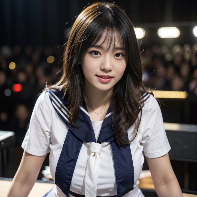 (highest quality、4K、High resolution、masterpiece: 1.2)、Very detailed、Genuine、Cowboy Shot、Bright colors、Studio Lighting、Sharp focus、Professional、(美しい15歳of女性)、(so beautiful)、(Correct Anatomy)、(完璧なProfessionalポーション)、(Long eyelashes)、(Delicate and captivating eyes)、(Erotic and delicate lips)、(彼女of顔はVery detailedかつ鮮明)、(Big Breasts)、(形ofいい胸)、(磁器ofような肌)、(Medium Hair)、(smile)、(Sailor-themed costumes:1.45)、(Fluorescent and flashy costumes)、(highest qualityof下着)、(superior of of superiorアイドル)、(Sing and dance on a stage with a spectacular concert set)、(Dancing vigorously and exposing her panties)、(elation、Be sexually aroused、Sexually climaxed facial expressions:1.45)、Hair swaying violently、superiorアイドルグループof中心メンバー、Spotlight、Looking at the camera、Dome Tour Final Performance、満員ofファン、avid fan、大勢of人、Enthusiastic audience、拍手と歓声をsuperiorげる人々々、Diverse People々ofグループ、興奮した群衆of表情、満員ofスタジアム、An exciting atmosphere、観客of期待、群衆ofエネルギー、of buzz of lively conversation、Cheers rang out、群衆of中で旗が振られている、smileof海、ステージsuperiorでof魅惑的なパフォーマンス、群衆of中でカメラofフラッシュが光る、of person who captures the moment々、Togetherness and shared experiences、of excitement of being part of something big、祝う価値ofある思い出に残る出来事、of joy of entertaining、of power of music and performance、Vibrant colors、Dynamic Lighting、Amazing visual effects、Captivating scenes with attention to detail、Immersive Experience、活気ofある雰囲気、Capture the excitement、that'まるで別of世界に連れて行かれたような、of magic of live entertainment、huge breasts