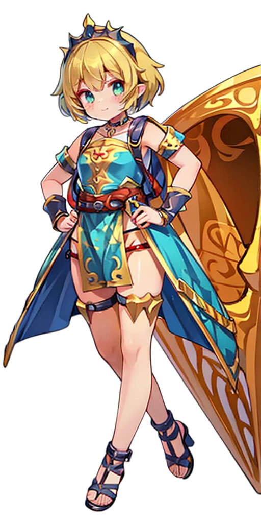 full body, whole body. 1solo (girl). slave fighter, loincloth standing, hands on hips, metal sandals, backpack, choker, big belt, view from below, feet together, bracers, tiara