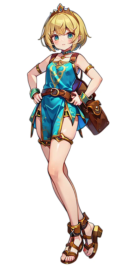 full body, whole body. 1solo (girl). slave fighter, loincloth standing, hands on hips, metal sandals, backpack, choker, big belt, view from below, feet together, bracers, tiara