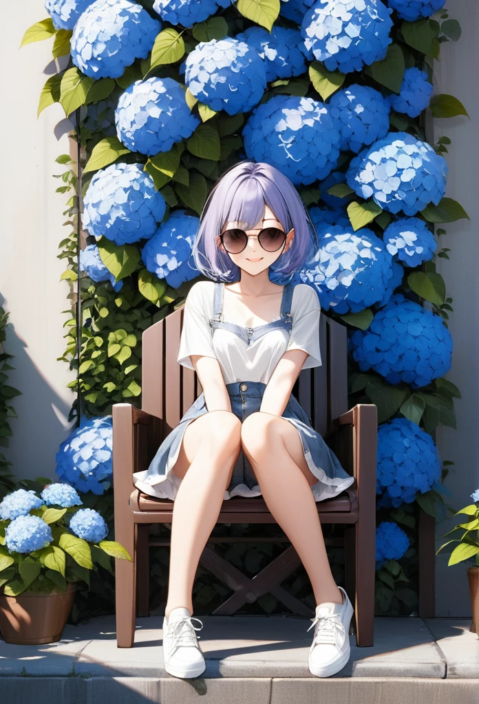 very cute and beautiful anime girl, 20 years old, sitting on the chair in front of a the hydrangea wall, from front, street fassion, smile, wearing sunglasses, full body, masterpiece,best quarity,ultra detailed, ultra high resolusion, 8k, high detailed face,