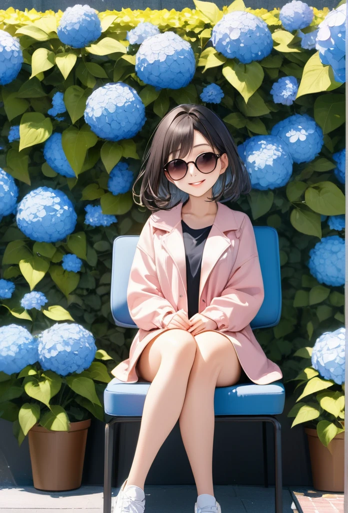 very cute and beautiful anime girl, 20 years old, sitting on the chair in front of a the hydrangea wall, from front, street fassion, smile, wearing sunglasses, full body, masterpiece,best quarity,ultra detailed, ultra high resolusion, 8k, high detailed face,