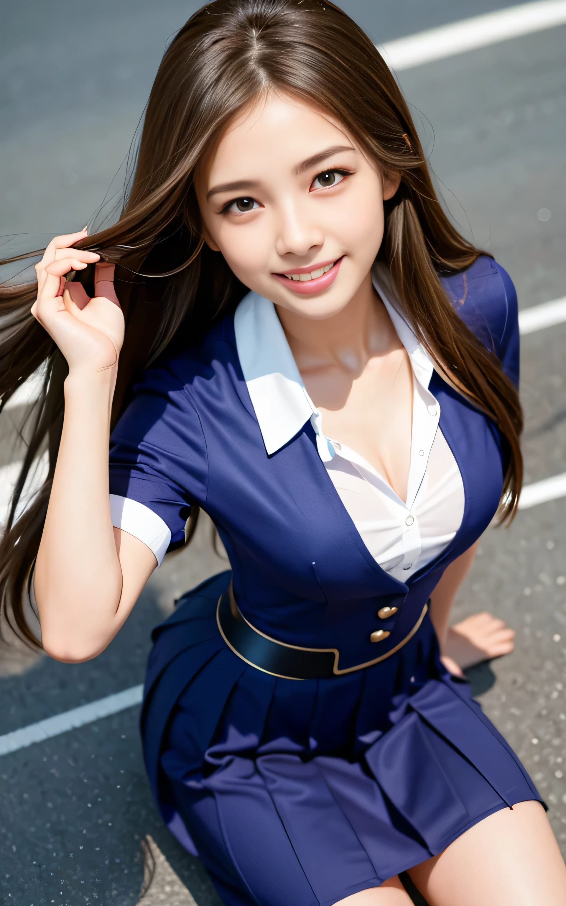 highest quality, shape, Very detailed, finely, High resolution, 8k wallpaper, Perfect dynamic shape, ((Sexy pose)), Beautiful Skin, (Big eyes), Beautiful 20 year old girl, Natural color lip, Center of chest, smile, very detailed face and skin texture, Fine grain, double eyelid,Laughing with loose teeth, close, From the side, Long straight hair_Hair reaching down to the waist, Night view、(((High School Uniform:1.3))、((Directly from above:1.5)),