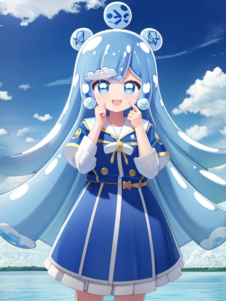 perfect face, long light blue hair color, round eyes, blue eyes, solo, slime girl, high school clothing style, profile picture, river background. 