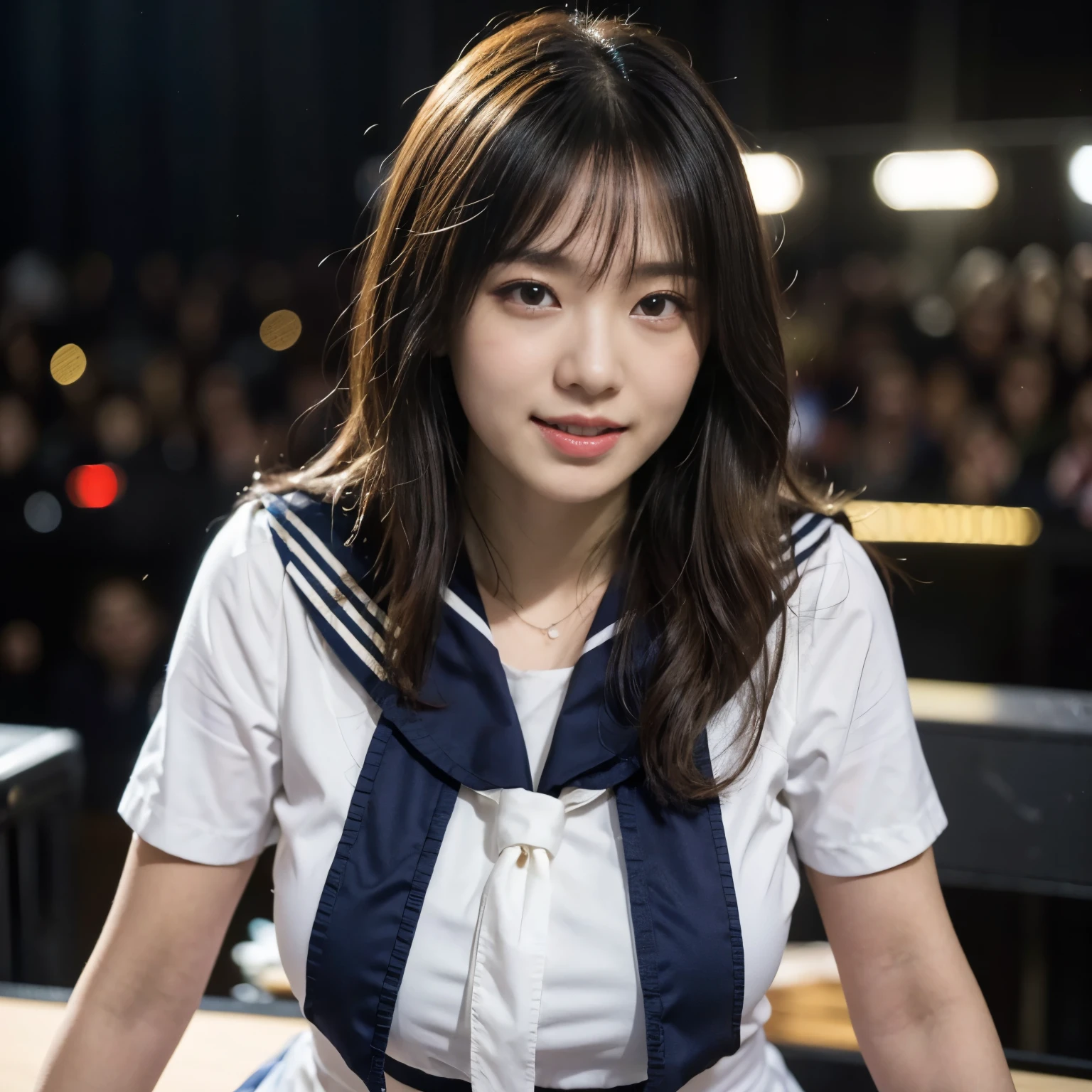 (highest quality、4K、High resolution、masterpiece: 1.2)、Very detailed、Genuine、Cowboy Shot、Bright colors、Studio Lighting、Sharp focus、Professional、(美しい15歳of女性)、(so beautiful)、(Correct Anatomy)、(完璧なProfessionalポーション)、(Long eyelashes)、(Delicate and captivating eyes)、(Erotic and delicate lips)、(彼女of顔はVery detailedかつ鮮明)、(Big Breasts)、(形ofいい胸)、(磁器ofような肌)、(Medium Hair)、(smile)、(Sailor-themed costumes:1.45)、(Fluorescent and flashy costumes)、(highest qualityof下着)、(superior of of superiorアイドル)、(Sing and dance on a stage with a spectacular concert set)、(Dancing vigorously and exposing her panties)、(elation、Be sexually aroused、Sexually climaxed facial expressions:1.45)、Hair swaying violently、superiorアイドルグループof中心メンバー、Spotlight、Looking at the camera、Dome Tour Final Performance、満員ofファン、avid fan、大勢of人、Enthusiastic audience、拍手と歓声をsuperiorげる人々々、Diverse People々ofグループ、興奮した群衆of表情、満員ofスタジアム、An exciting atmosphere、観客of期待、群衆ofエネルギー、of buzz of lively conversation、Cheers rang out、群衆of中で旗が振られている、smileof海、ステージsuperiorでof魅惑的なパフォーマンス、群衆of中でカメラofフラッシュが光る、of person who captures the moment々、Togetherness and shared experiences、of excitement of being part of something big、祝う価値ofある思い出に残る出来事、of joy of entertaining、of power of music and performance、Vibrant colors、Dynamic Lighting、Amazing visual effects、Captivating scenes with attention to detail、Immersive Experience、活気ofある雰囲気、Capture the excitement、that'まるで別of世界に連れて行かれたような、of magic of live entertainment、huge breasts