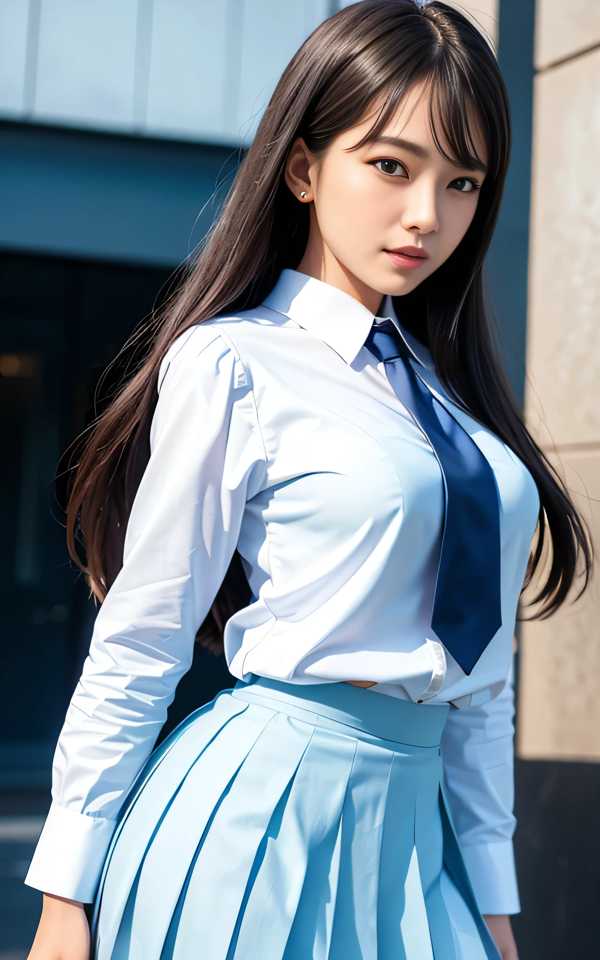 highest quality, shape, Very detailed, finely, High resolution, 8k wallpaper, Perfect dynamic shape, ((Sexy pose)), Beautiful Skin, (Big eyes), Beautiful 20 year old girl, Natural color lip, Center of chest, smile, very detailed face and skin texture, Fine grain, double eyelid,Laughing with loose teeth, close, From the side, Long straight hair_Hair reaching down to the waist, Night view、((White blouses with emblem、Blue tie、Light blue pleated skirt:1.4)、