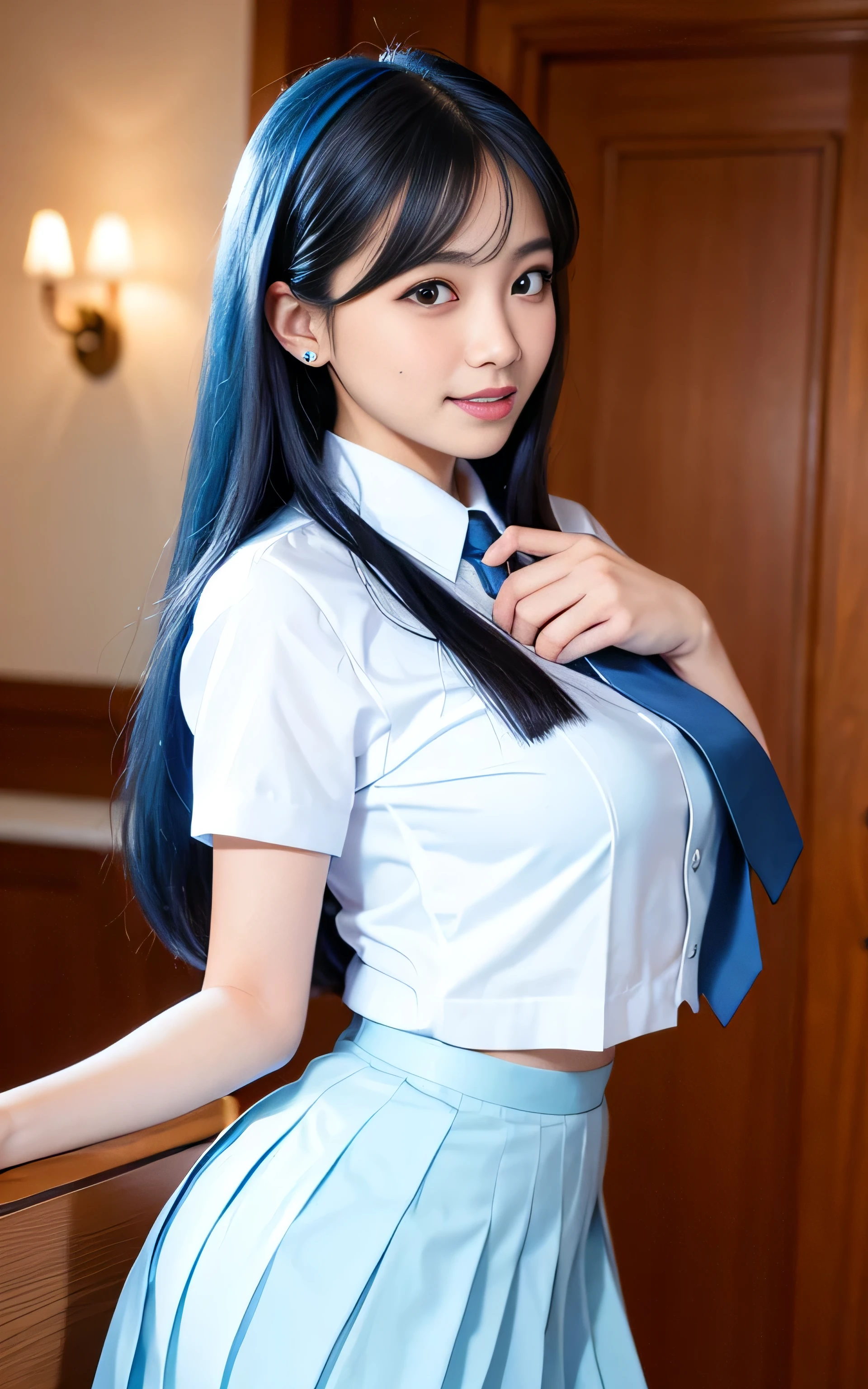 highest quality, shape, Very detailed, finely, High resolution, 8k wallpaper, Perfect dynamic shape, ((Sexy pose)), Beautiful Skin, (Big eyes), Beautiful 20 year old girl, Natural color lip, Center of chest, smile, very detailed face and skin texture, Fine grain, double eyelid,Laughing with loose teeth, close, From the side, Long straight hair_Hair reaching down to the waist, Night view、((White blouses with emblem、Blue tie、Light blue pleated skirt:1.4)、