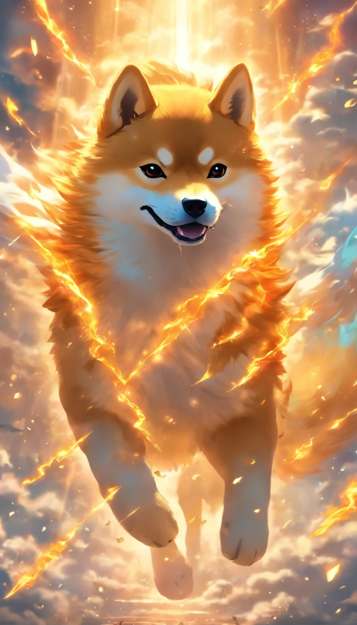 A majestic Shiba Inu with a golden armor, wielding divine weapons, exuding bravery and strength. The scene is set in a mythical heavenly realm, with the dog soaring through the clouds. The image is portrayed in a vivid and realistic style, with ultra-detailed features and vibrant colors. The lighting highlights the heroic and mystical aura of the Shiba Inu.