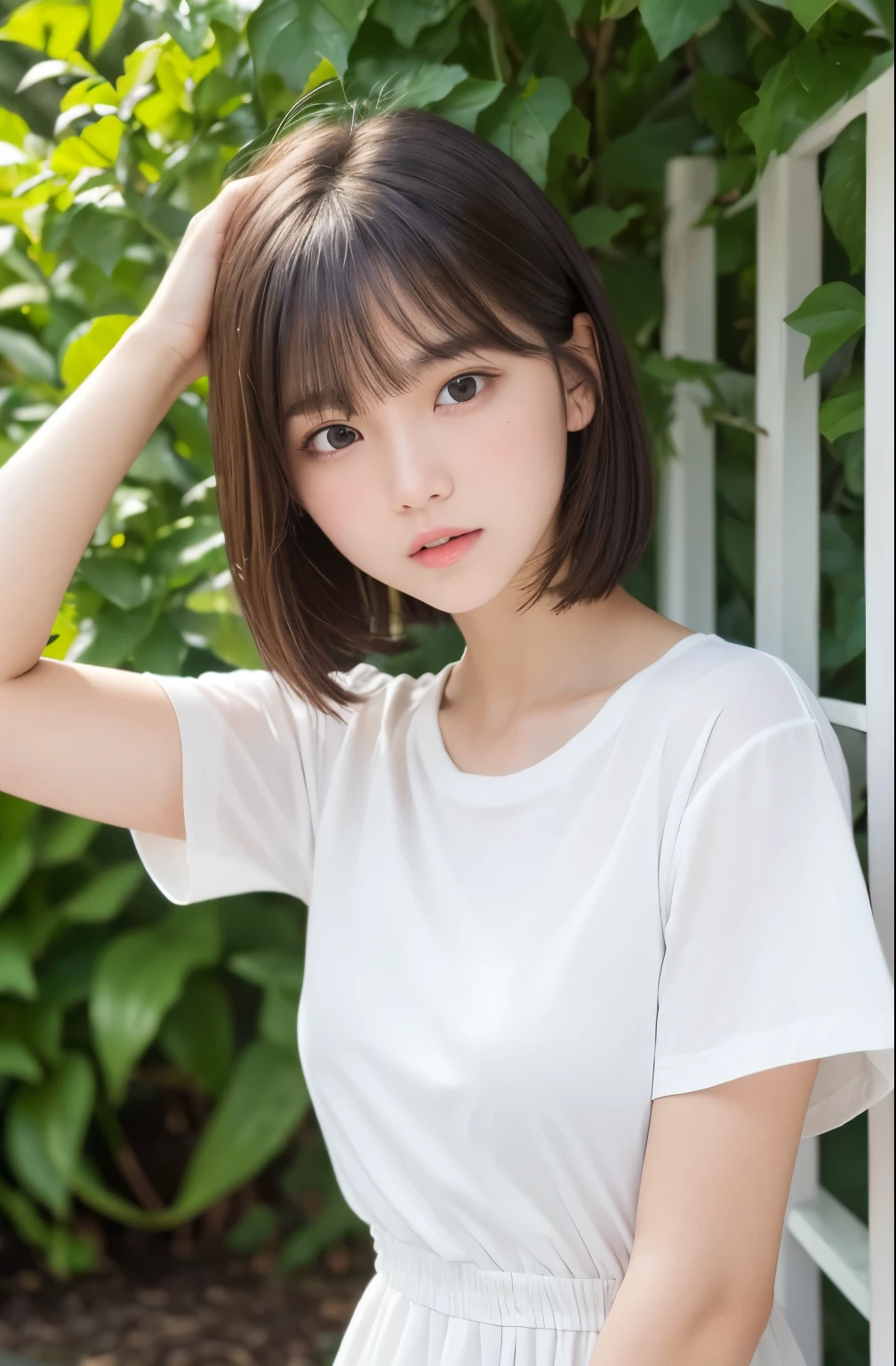 highest quality、masterpiece、Super high resolution、(Photoreal:1.4)、RAW photo、1 girl、short hair、With bangs、brown hair、Eye and face details、simple white t-shirt、natural soft light、date、frontage、deep shadow、low key、medium shot