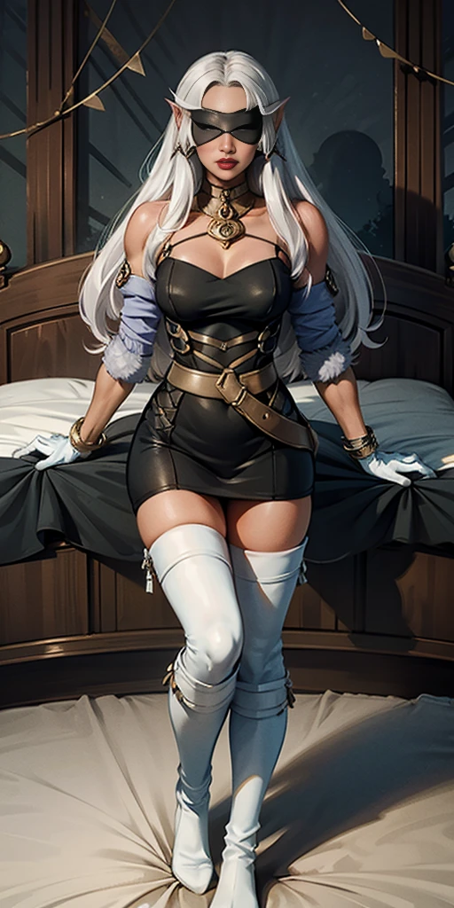 (yellow eyes), white hair, silver hair, very long hair, straight hair, solo, adult woman, tall, slightly muscular, large breasted, cleavage, constricted waist, toned body, slight abs, thin dark skin, pointy ears, lipstick, makeup, black eyeshadow, circlet, white short dress, jewelry, bracelet, white gloves, thigh boots, standing symmetrical feet together on bed, Cross Belt Blindfold