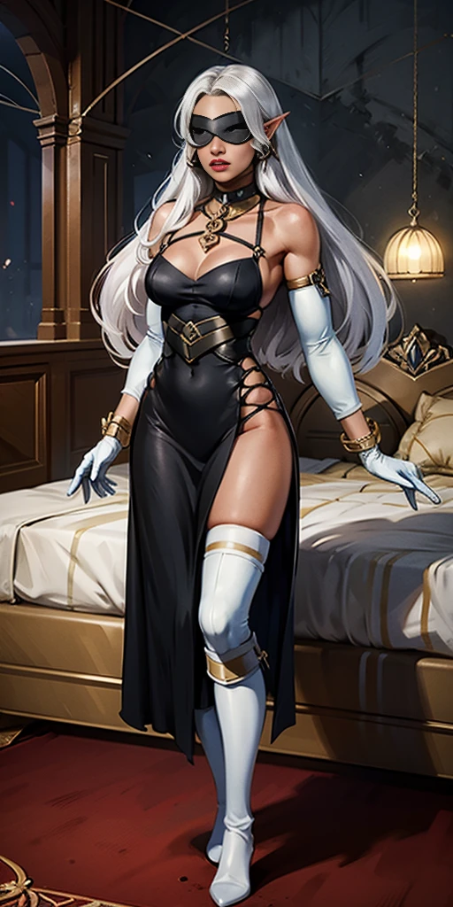 (yellow eyes), white hair, silver hair, very long hair, straight hair, solo, adult woman, tall, slightly muscular, large breasted, cleavage, constricted waist, toned body, slight abs, thin dark skin, pointy ears, lipstick, makeup, black eyeshadow, circlet, white short dress, jewelry, bracelet, white gloves, thigh boots, standing symmetrical feet together on bed, Cross Belt Blindfold