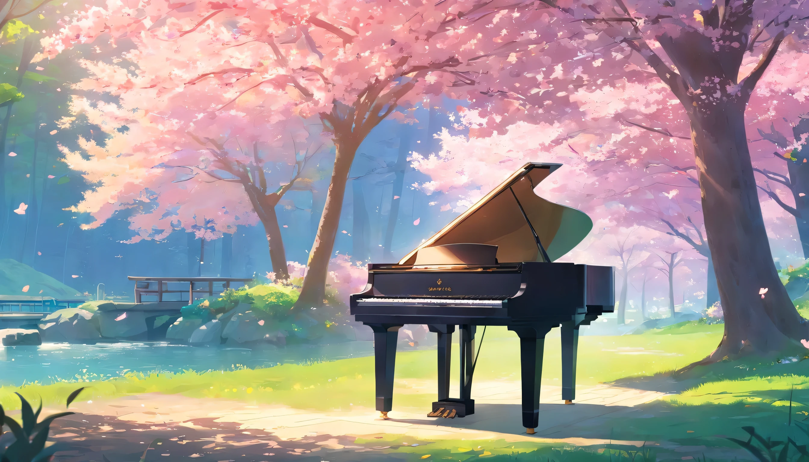 A piano in the middle of the woods near a river、Spring in Japan、Cherry tree in full bloom、Petals flutter