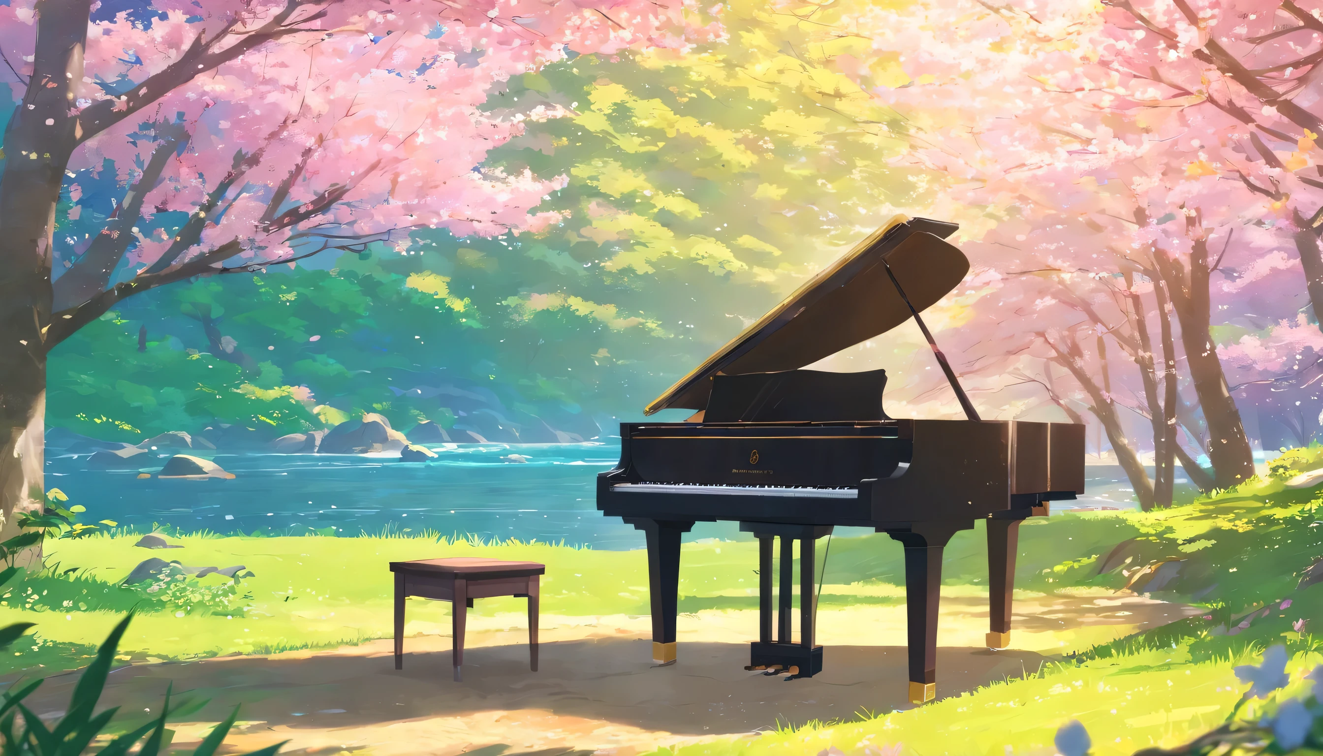 A piano in the middle of the woods near a river、Spring in Japan、Cherry tree in full bloom、Petals flutter