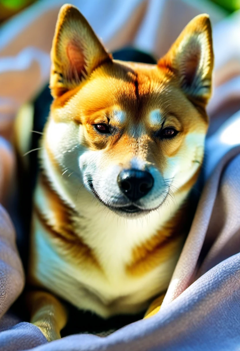 8k,wallpaper of extremely detailed CG unit, ​masterpiece,hight resolution,top-quality,top-quality real texture skin,hyper realisitic,increase the resolution,RAW photos,best qualtiy,highly detailed,the wallpaper,golden ratio, BREAK ,shiba dog is sleeping with his stomach shown rolled over,he is sleeping very happily,soft sunshine of the spring,at veranda,sleeping on the soft blanket,dynamic angle,navel sky,belly trap,dog