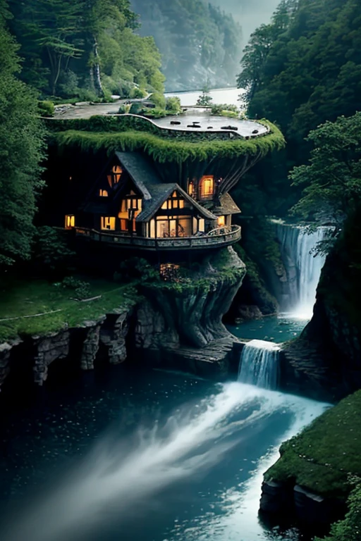 arafed house on a cliff overlooking a river with a waterfall, lake house, beatiful house, fantasy setting, beautiful place, build in a forest near of a lake, beautiful and mysterious, fantasy house, cozy place, setting in nature, fairy tale place, located in a castle, cottagecore!!, very close to real nature, idyllic cottage