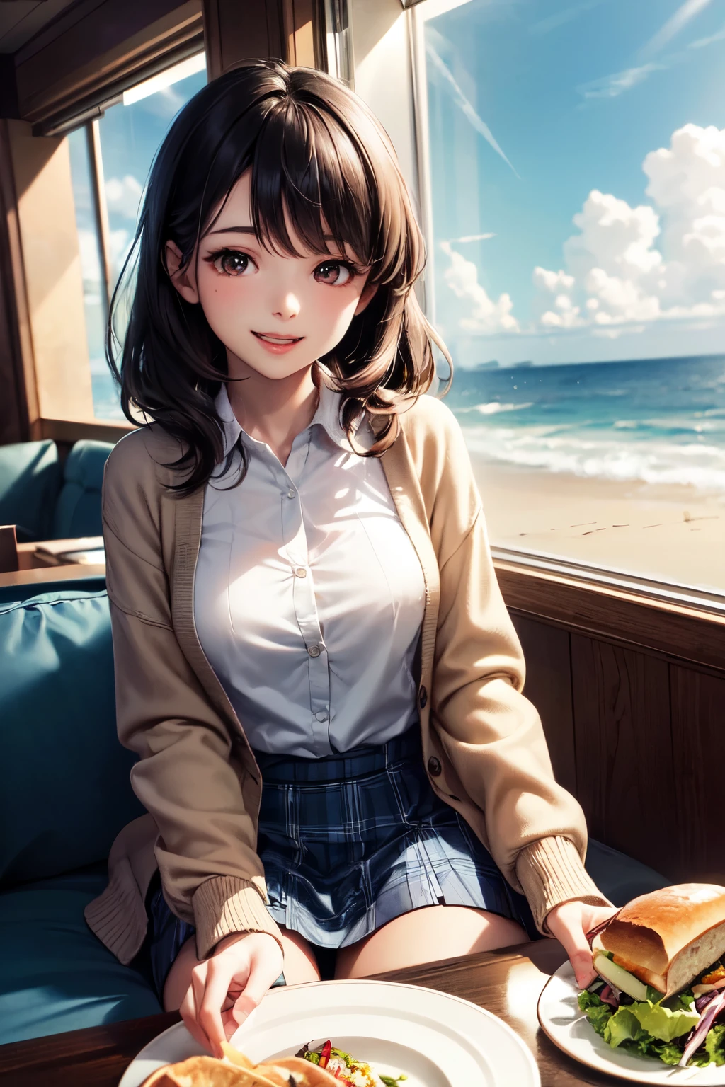 very cute and beautiful girl sitting on chair of cafe,(highly detailed beautiful face),
white blouse,laugh,happy,(beige cardigan:1.2) BREAK zettai ryouiki,black hair,
(blue plaid mini skirt:1.2),(cups of tea),(sandwiches on plate),(salad in bowl),window,ocean view,
(best quality,masterpiece:1.0),absurdres,highres,ultra-detailed,extremely detailed,32k,8k resolution,
intricate details,cinematic scene,detailed background,solo,dynamic angle,