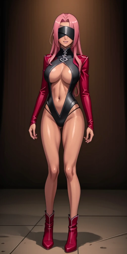 (masterpiece, HI quality: 1.1) 1girl full body standing good face, nice ass, hairstyle: braid, Color Hair: PINK long hair, Blindfolded: NO EYES, Skin: White (porcelain skin, sparkly skin), muscular, thighs, Mature woman, Abs, looks at the viewer smiling, extremely huge breasts, maternal, chest cover with clothes (Hell knight ingrid (anime style) Demon Knight Ingrid (OVA))