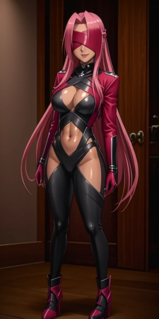 (masterpiece, HI quality: 1.1) 1girl full body standing good face, nice ass, hairstyle: braid, Color Hair: PINK long hair, Blindfolded: NO EYES, Skin: White (porcelain skin, sparkly skin), muscular, thighs, Mature woman, Abs, looks at the viewer smiling, extremely huge breasts, maternal, chest cover with clothes (Hell knight ingrid (anime style) Demon Knight Ingrid (OVA))