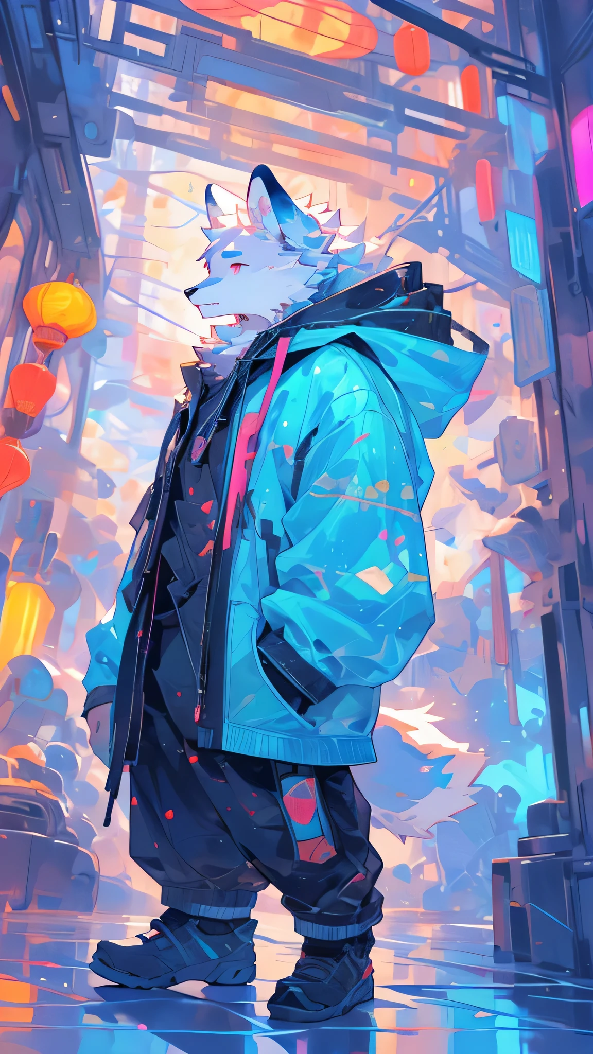 Golden Mane,Arctic fox,Head to Body Ratio1:7,Open your eyes,Laser transparent sweatshirt,Fu Rui,furry,Stained glass window style,Modern Chinese style cyberpunk urban background,Night,Neon lights flashing,Dynamics of people walking on the street,Take the sugar gourd,Red and blue contrasting colors,没wear shoes,Meat pads on the ground,Laser transparent sweatshirt,Male: Fu Rui,Grey sports shorts,Trendy clothing,The upper body has no other clothes except the laser transparent hooded sweatshirt,Thin body,Abs loom,Face clarity,Blue and pink heterochromatic pupils,Single protagonist,Take the sugar gourd,Side close-up,18-year-old youth body type,Clear facial contours,Arctic fox,big eyes,wear shoes,Eyes open,The body is slender,big eyes,The eye contour is clear,