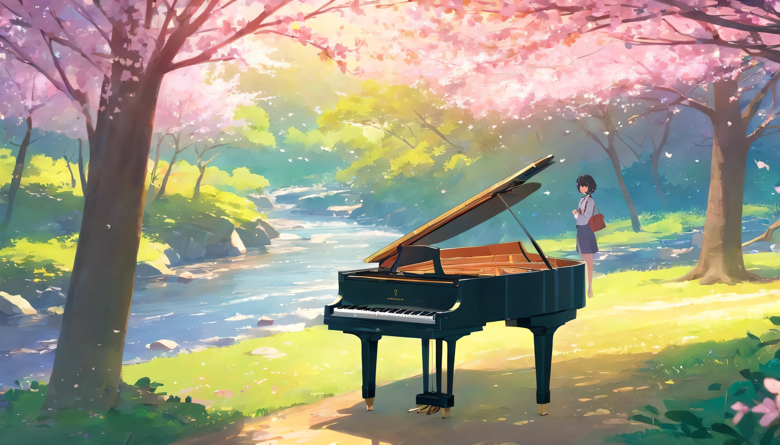A piano in the middle of the woods near a river、Spring in Japan、Cherry tree in full bloom、Petals flutter