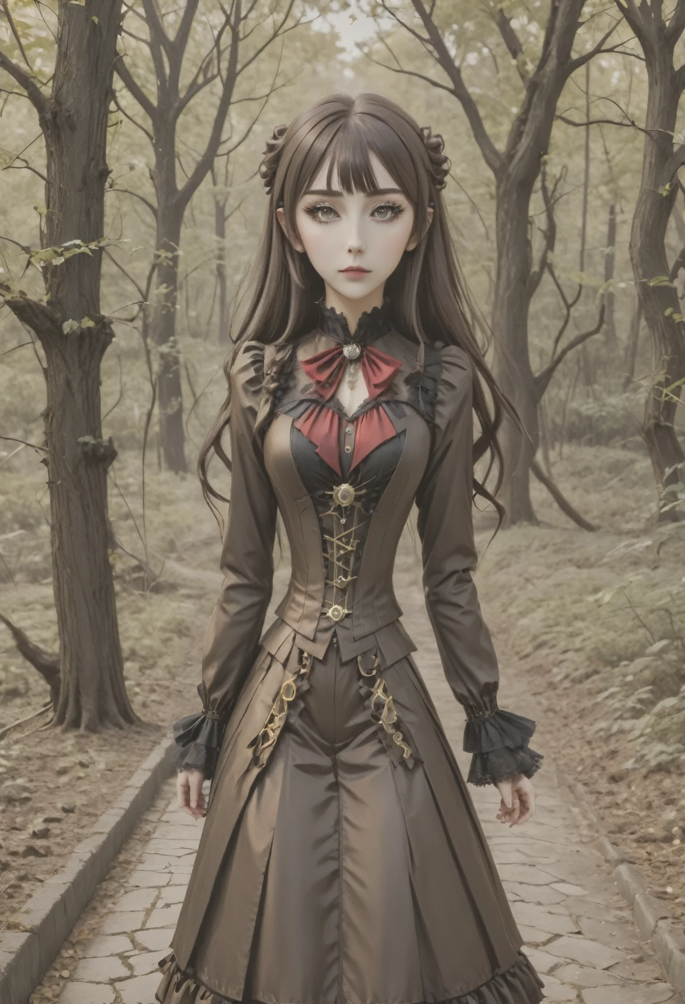 A fantasy and anime character, a girl waifu, Mari Illustrious Makinami – Evangelion , con su cabello y su gran belleza. Dressed in Victorian steampunk style clothing and in the middle of bats with geometrically impossible shapes, luminiscentes y de cristal de colores, en medio del bosque oscuro. Todo con el estilo de Tim Burton. And a touch of surrealism from Dalí.
