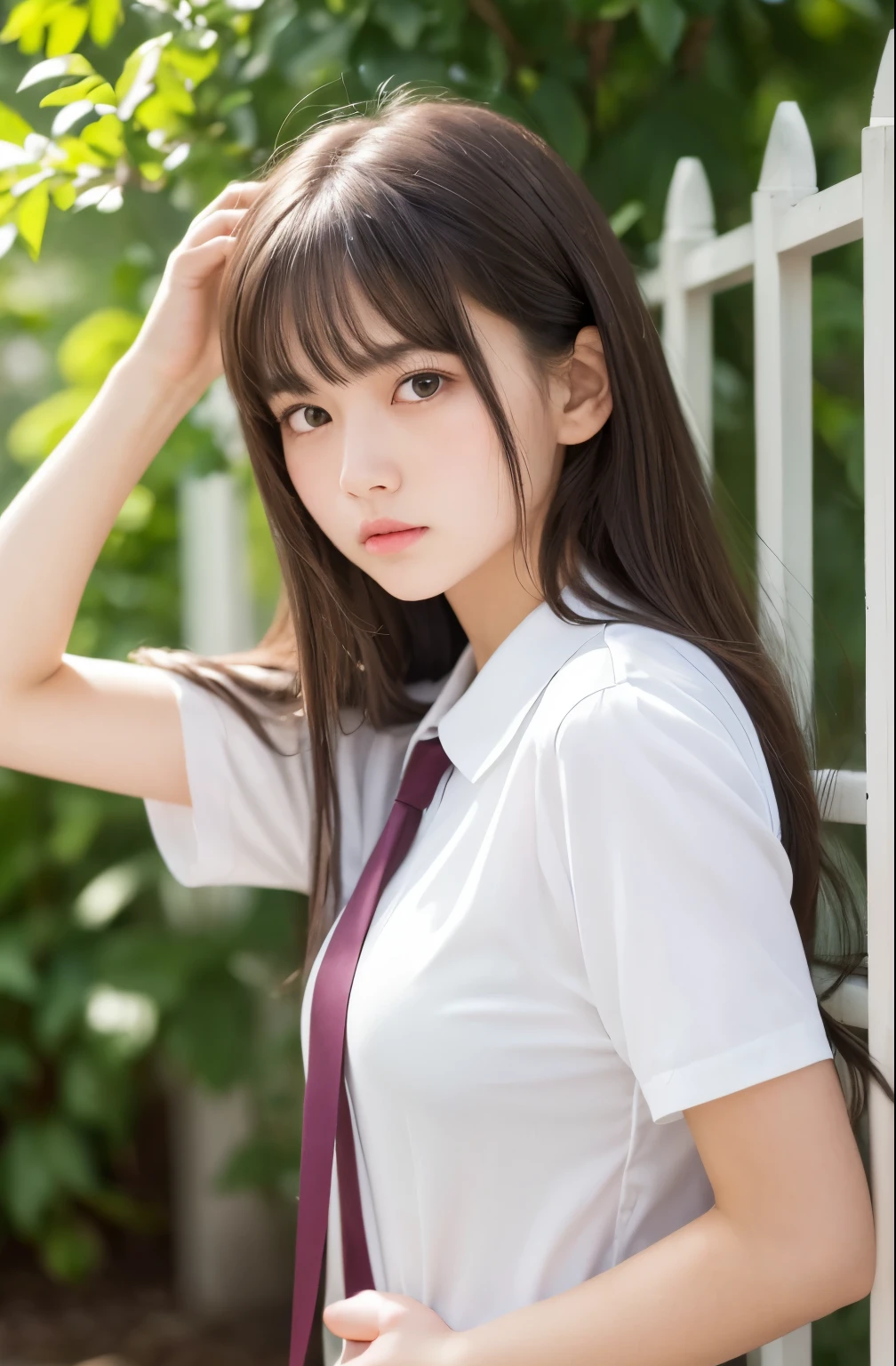 (Best Picture Quality,8K Quality,Masterpiece:1.3,),(Super A Quality,Photorealistic:1.4,Raw Photo),(Asahi:1.3),(Masterpiece:1.2),(Realistic:1.2),(Raw Photo),(Detail:1. 2), Official Art, Unity 8K Wallpaper, super definition, aesthetic, masterpiece, top quality, outdoor, white exterior wall, Natural light (bright sunlight), beautiful girl, garden, ribbon in hair, (tie up hair), dark hair, bangs, 17 years old, (17 years old), angry expression, (eyebrows lifted, angry), glossy cheeks, (light on cheeks), simple white dress, (simple, short sleeve), neat,