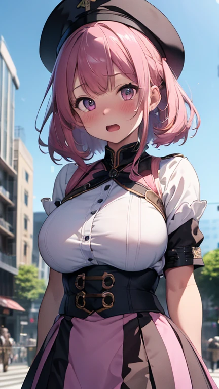 mastute piece,Best Quality,insanely detailed,8k cg,
shoot upper body,
1woman,18age,standing,body in front,looking at viewer,(blue marching-band,westpoint-hat),break,
blush,shy,(trembling:1.2),pink hair,break,open mouth,large breast,city,